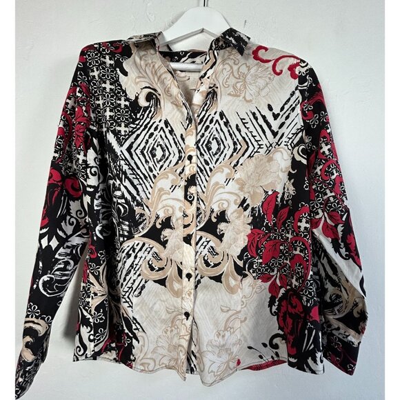 Chico's Womens Effortless Caroline Asian-Floral No Iron Shirt Size 2 Black/Red - Picture 1 of 8